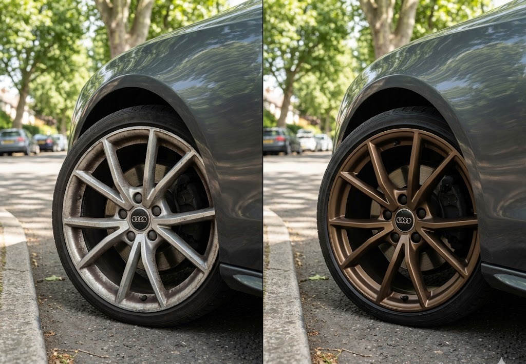 Audi A5 alloy wheel before and after powder coat colour change to satin bronze