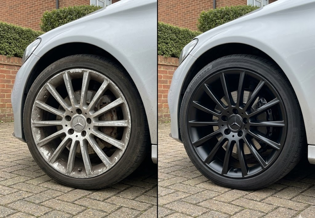 Mercedes C-Class alloy wheel before and after powder coat colour change to satin black