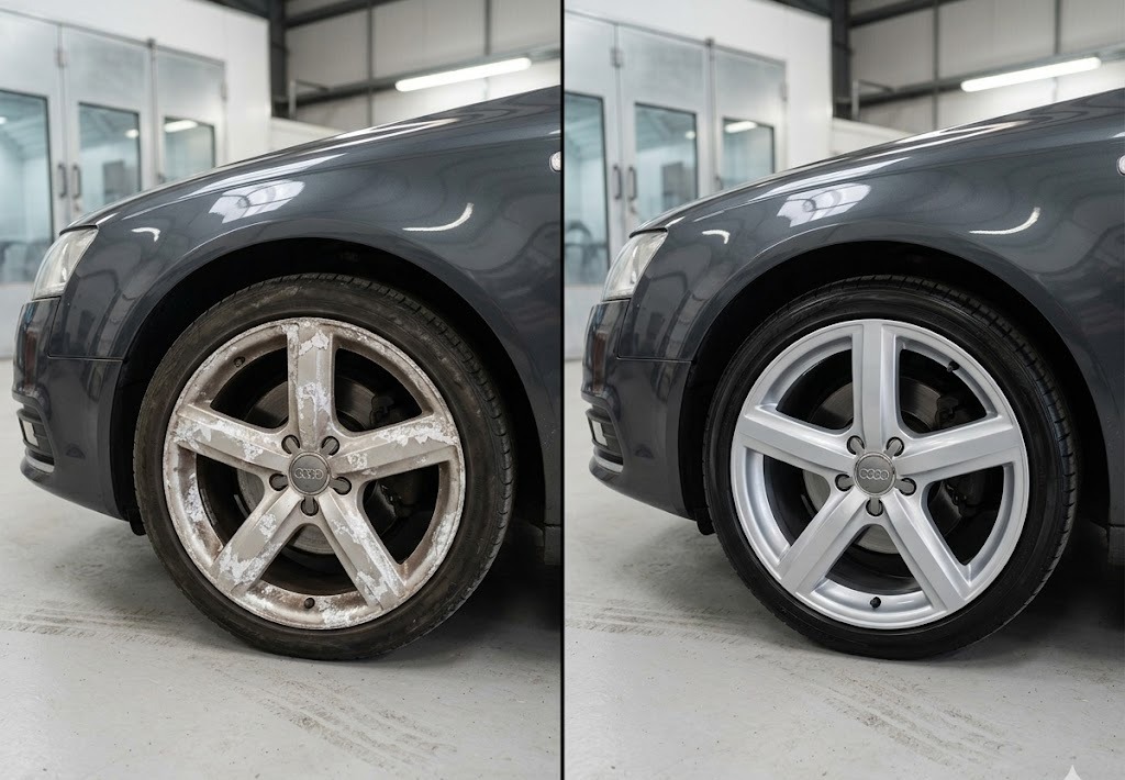 Audi A6 alloy wheel before and after corrosion repair, refinished in factory silver