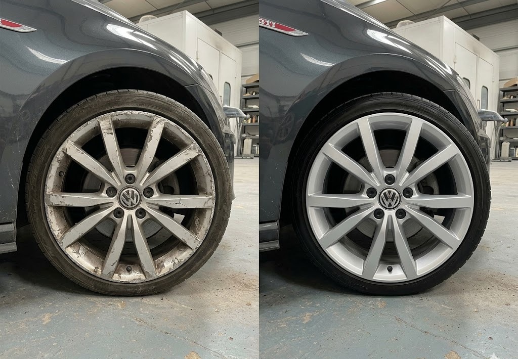 VW Golf GTI alloy wheel before and after crack repair and refinishing
