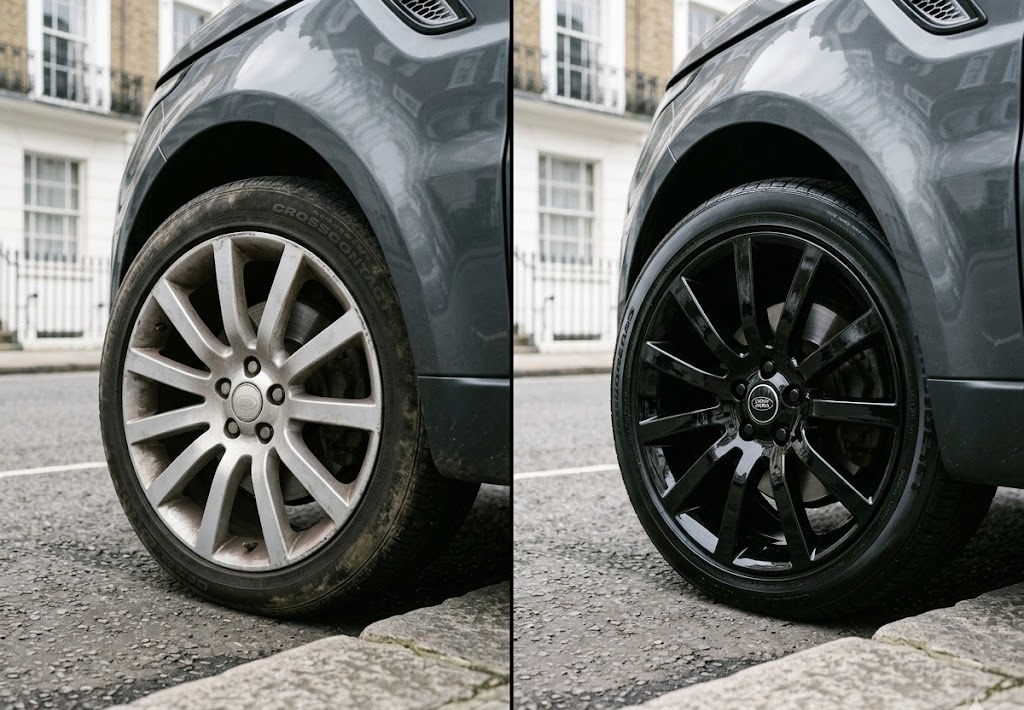 Range Rover Sport alloy wheel before and after powder coat colour change to gloss black