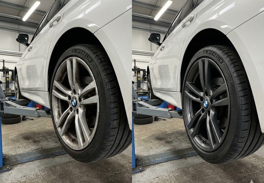 BMW 3-Series alloy wheel before and after powder coat colour change to anthracite gunmetal