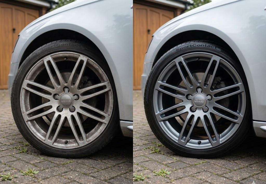Audi A4 alloy wheel before and after refinishing to OEM grey match