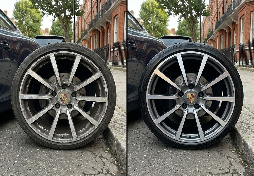 Porsche 911 two-tone alloy wheel before and after restoration