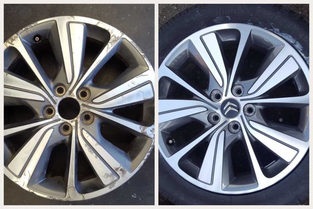 Citroen alloy wheel before and after refurbishment