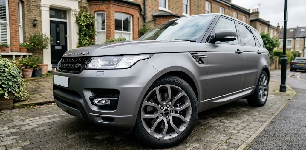 Marcus O's Range Rover Sport with refinished satin grey alloys on a Kensal Rise driveway