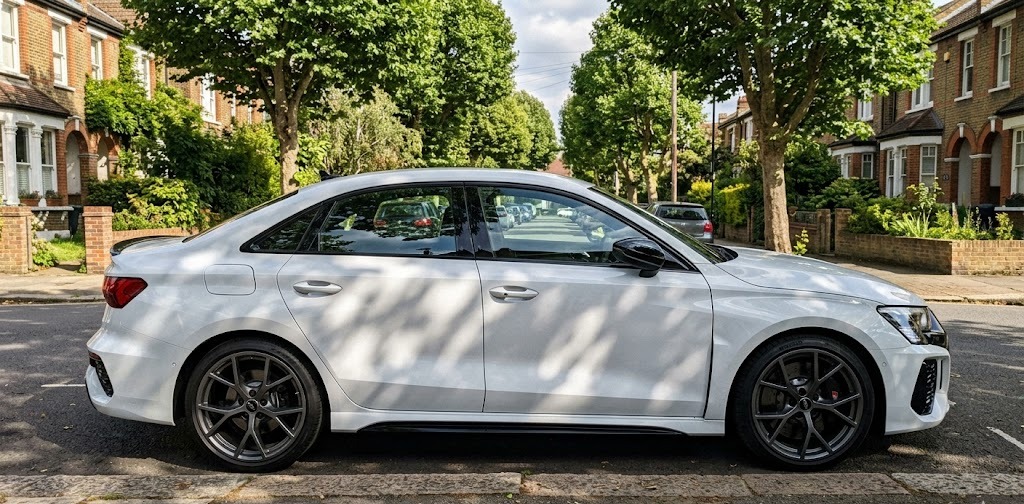 Priya T's Audi RS3 with anthracite powder-coated alloys on a tree-lined Ealing street