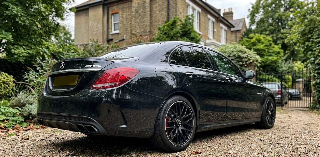 Raj H's Mercedes-AMG C63 with refurbished matte black alloys in a Hampstead drive