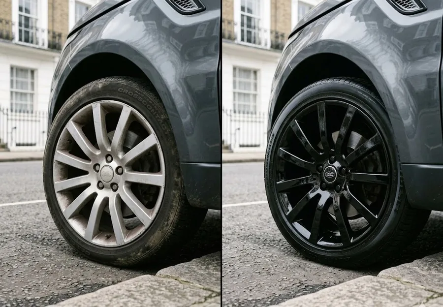 Range Rover Sport alloy wheel before and after powder coat colour change to gloss black