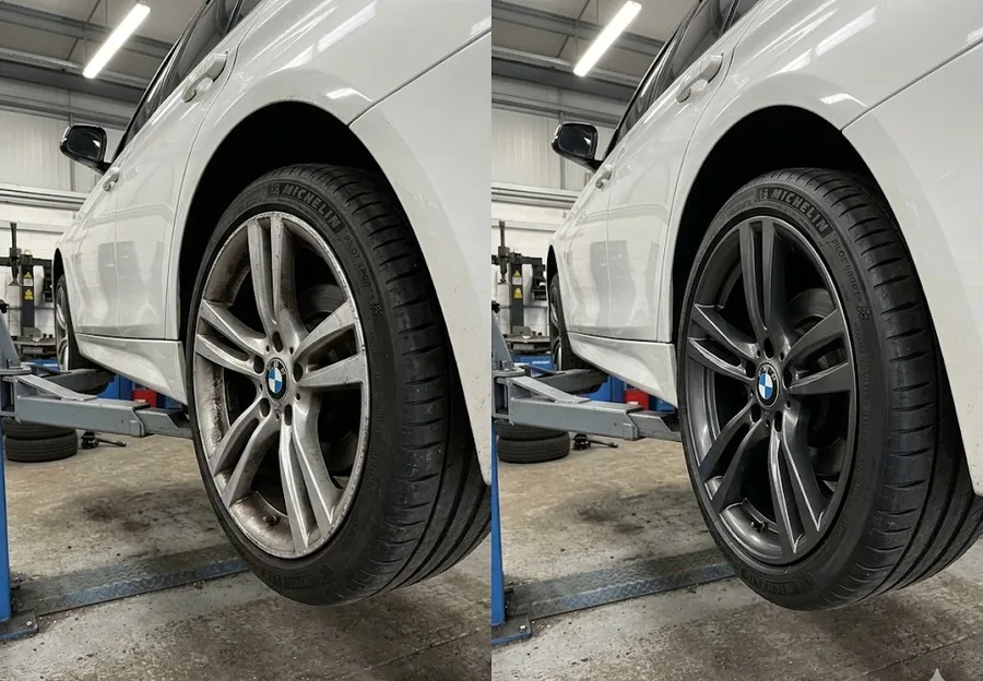 BMW 3 Series alloy wheel before and after powder coat colour change to anthracite gunmetal