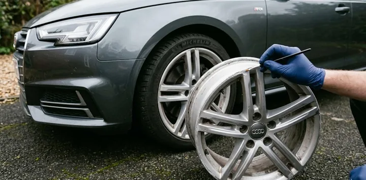 Repaired kerb damage on a single alloy wheel